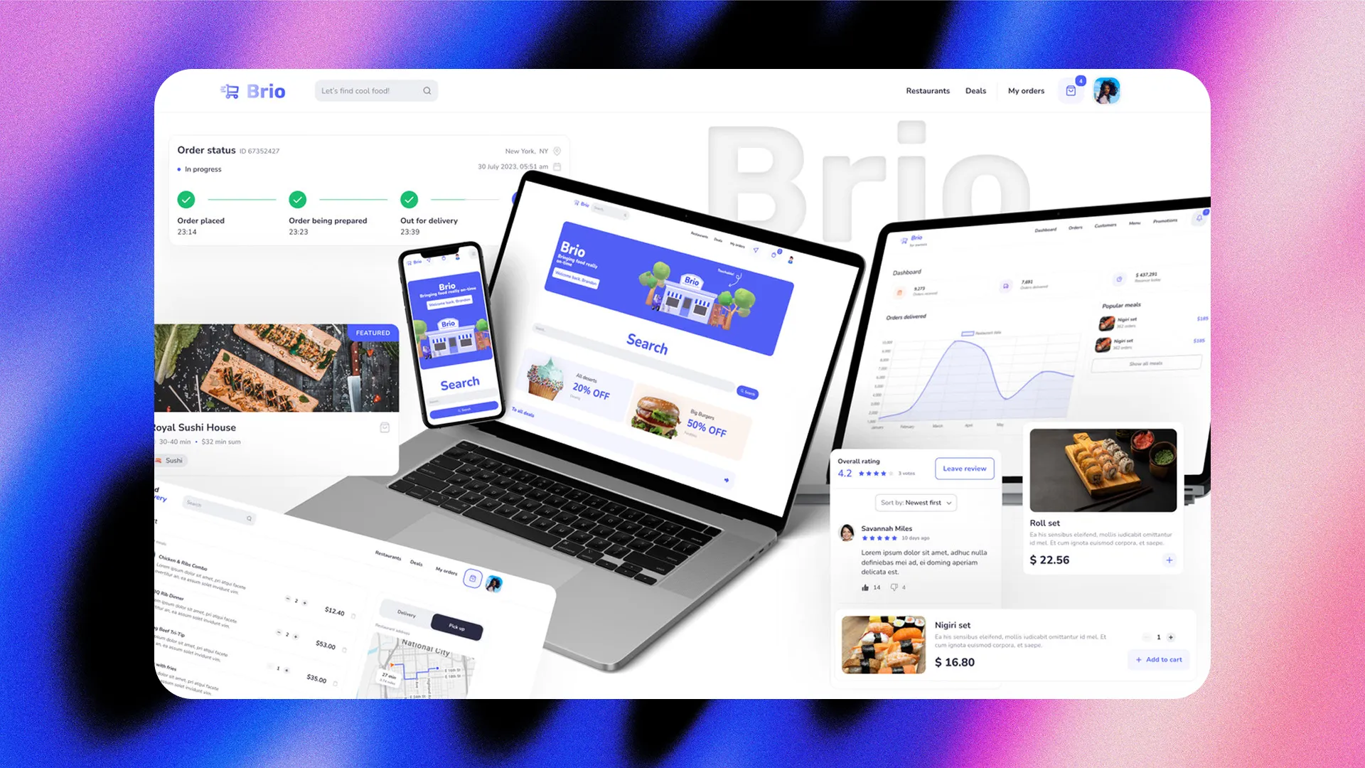 Brio application interface showcasing food delivery features