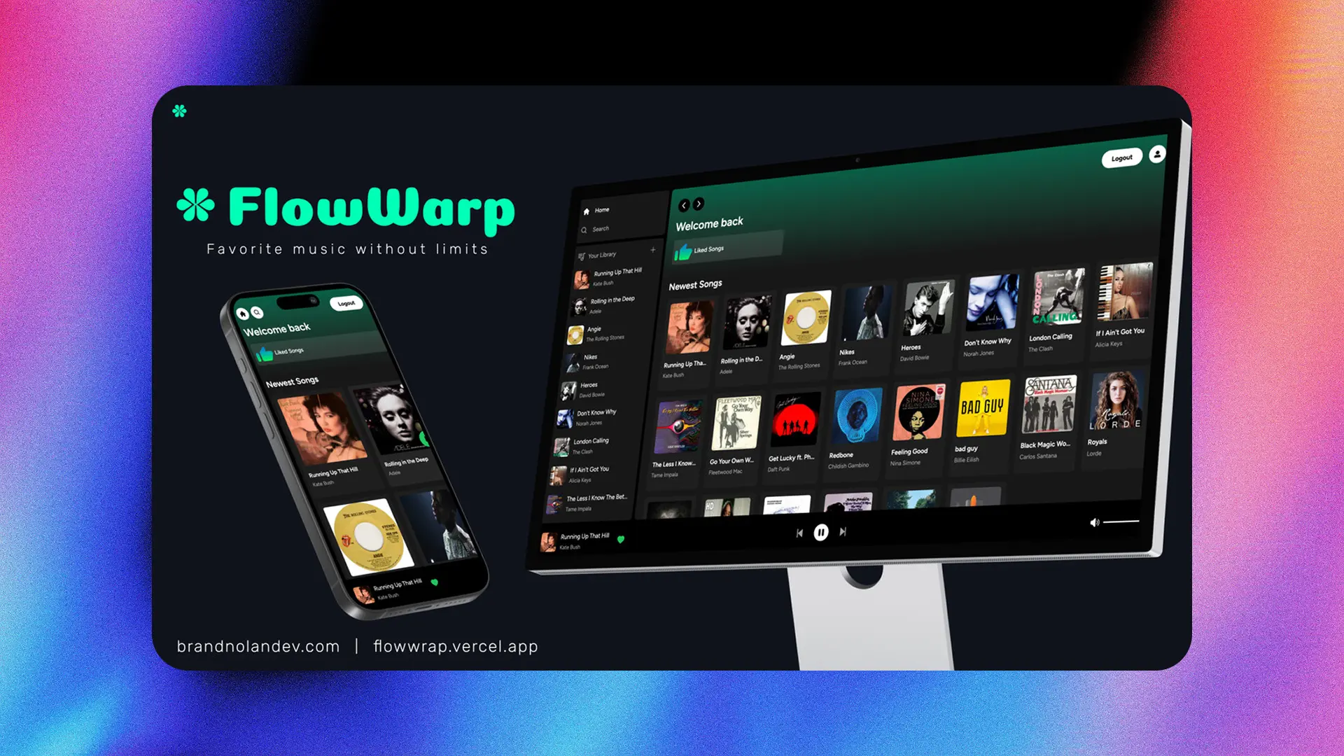 FlowWarp application interface showcasing music streaming features