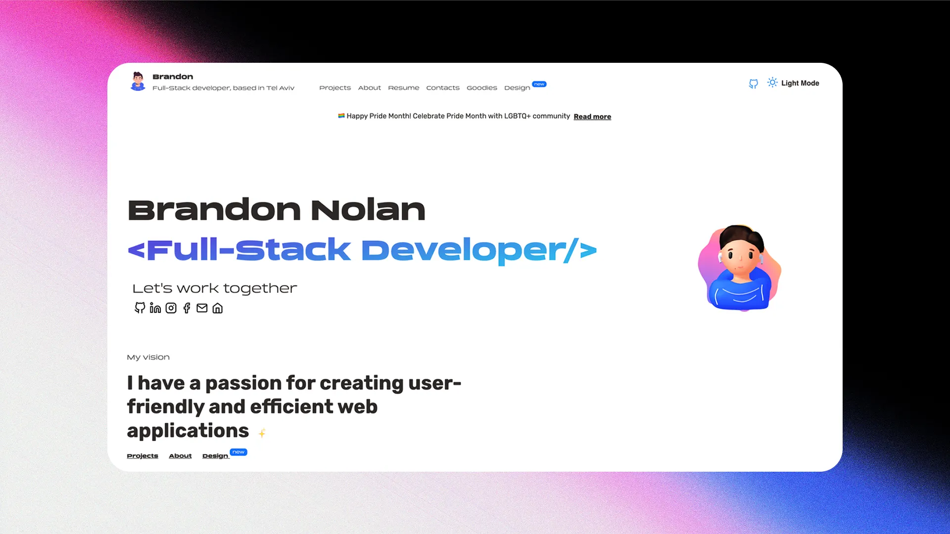 Portfolio application interface showcasing professional journey